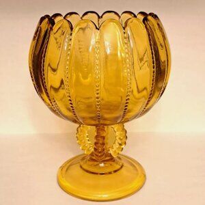 Vintage Northwood Glass Rose Bowl Pedistal Vase Amber Beaded Panel Mid Century